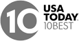 Gray USA TODAY 10Best logo with a large "10" inside a circle on the left and text "USA TODAY 10BEST" on the right side of the image.
