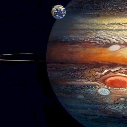 An artistic depiction of Jupiter with its Great Red Spot, nearby moons, and Earth in the distance against a dark space background.