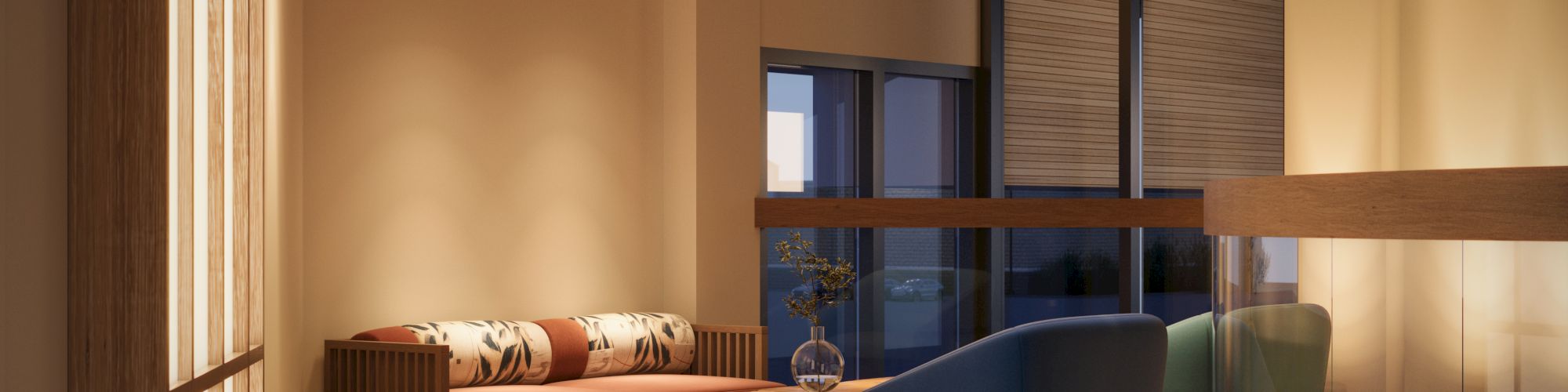 The image shows a cozy, modern living room with soft lighting, stylish furniture, and a warm ambiance.