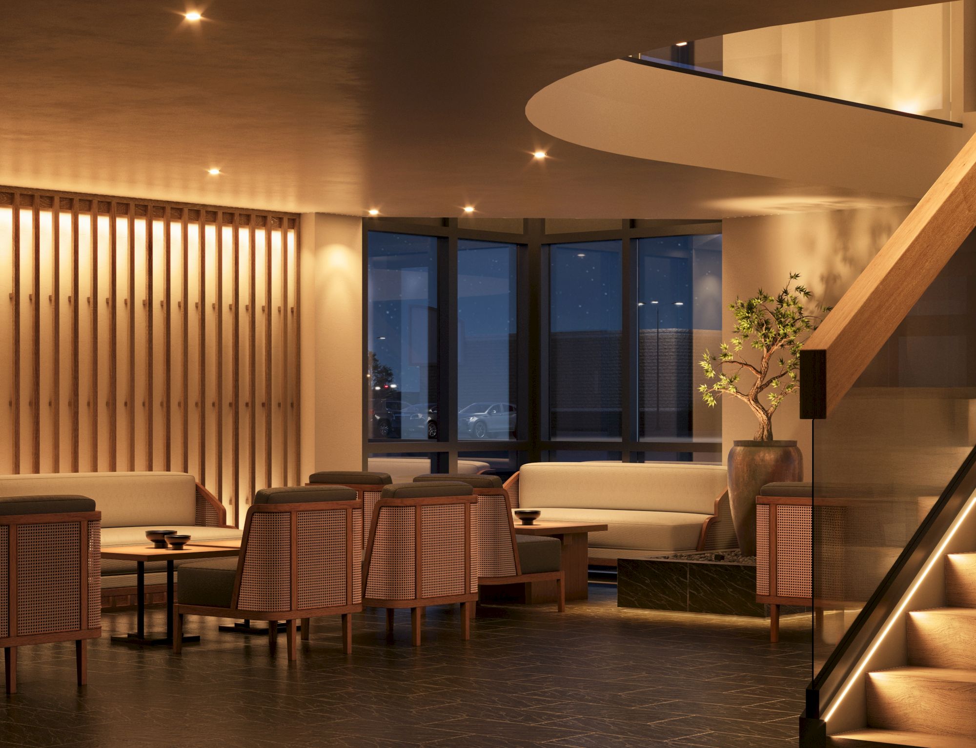 A modern lounge with wood accents, soft lighting, seating area, and a staircase, creating a cozy and elegant atmosphere.