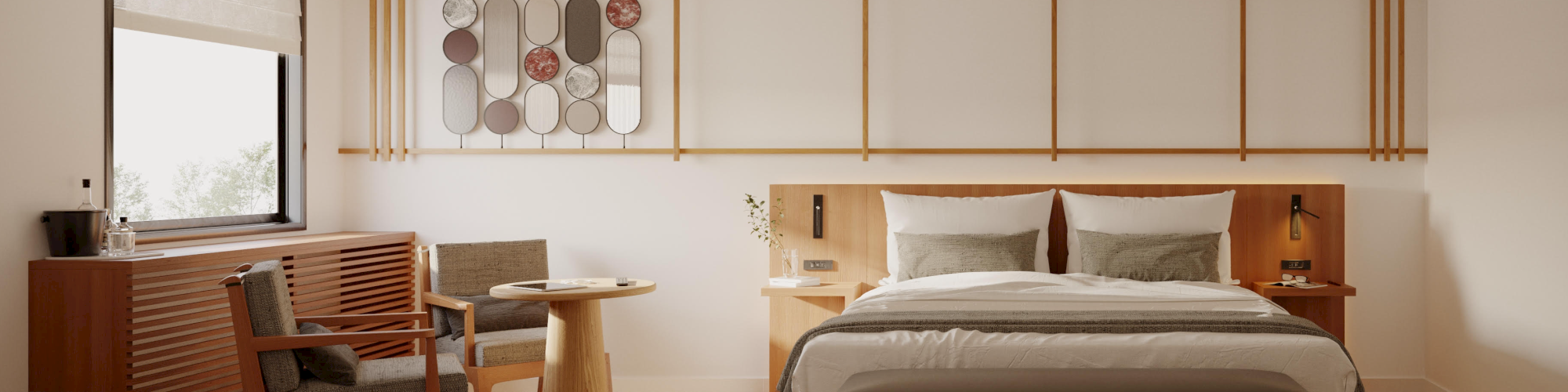 A modern bedroom featuring a wooden bed, cozy seating, stylish wall art, and a large window with natural lighting, all on a wooden floor.